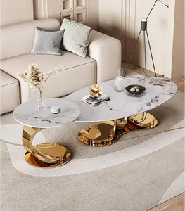 2024Glossy Slate Oval Household Luxury Coffee Table Stainless Steel Base Marbl Coffee Table Wholesale Premium Slate Coffee Table