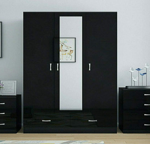 Modern High Gloss 3 Doors <strong>Wardrobes</strong> <strong>with</strong> 1 Mirror <strong>and</strong> 2 <strong>Drawer</strong> Closet <strong>with</strong> Hanging Rail <strong>Shelves</strong> Home Bedroom Furniture Black - Product Image 2