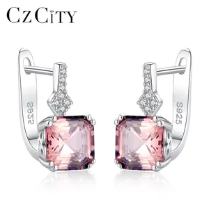 CZCITY Women Luxury Real 925 Sterling Silver Smoke Topaz Cuff Earrings