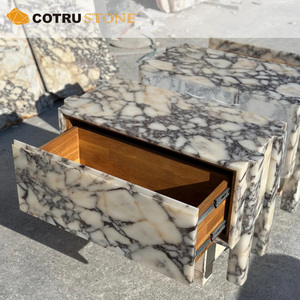 Natural Stone Nightstand Calacatta Viola <strong>Marble</strong> <strong>Bedside</strong> Storage <strong>Table</strong> with Oak Drawer for Bedroom Home Decorative Furniture - Product Image 5