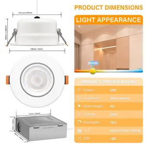 4インチジンバルレトロフィットSmd Ledダウンライト、120V、12W、3CCT: 30K-40K-50K、CRI80、1000LM、調光可能、ETL、ウェットロケーション