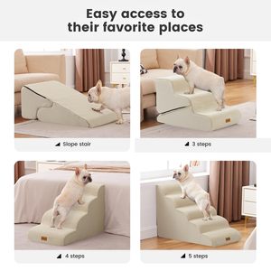 Scala per Animali Domestici 2 in <span class=keywords><strong>1</strong></span> Trasformabile <span class=keywords><strong>a</strong></span> 3 Gradini e Rampa per Cani per Divano, Beige, Gradini Regolabili con Copertura Antiscivolo Impermeabile - Product Image 5
