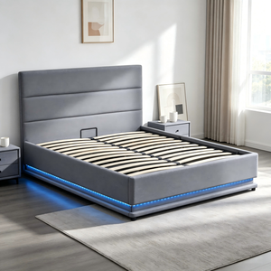 <span class=keywords><strong>Letto</strong></span> con Piattaforma in <span class=keywords><strong>Legno</strong></span> Rivestito in Pelle Sintetica Grigia Stile Moderno con Striscia LED e <span class=keywords><strong>Testiera</strong></span> Alta Morbida - Product Image 4