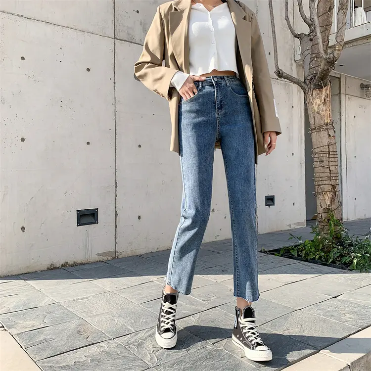 "Nouveau été petit jean femme à jambe droite taille haute minceur Skinny Denim pantalon évasé