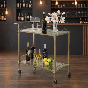 Chariot de bar moderne doré avec étagères en verre, chariot de service roulant pour les fêtes à domicile - Product Image 3
