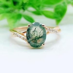 925 Sterling Silver Natural <b>Moss</b> <b>Agate</b> Oval Cut Rose Gold Plated Luxury Prong Setting Delicate Promise <b>Ring</b> for Women - Product Image 4