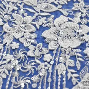 Лучший поставщик кружева ткани оптовая цена французское кружево ткань белый цветок серебряные блестки ткань кружева