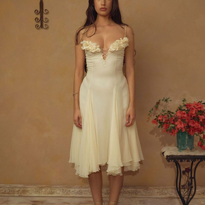 Robe Midi <span class=keywords><strong>Femme</strong></span> Été Sexy Col V Profond Bretelles Fines Sans Manches Vintage Coupe A-Line Décoration Florale Dos Nu pour Soirée - Product Image 1