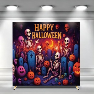 Fondo de arco cuadrado de Halloween con calaveras humanas de terror, calabazas y faroles para escaleras, ideal para ceremonias y fiestas, personalizable. - Product Image 2