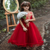 Gaun Pesta Pernikahan Putri Merah untuk Anak Perempuan 3-12 Tahun, Gaun Bordir Berlapis-lapis untuk Anak Perempuan, Gaun Besar untuk Pesta Ulang Tahun