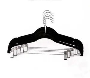 Wholesale high quality space saving anti slip black plastic velvet flocked suit clothes pants hanger with clips
