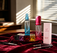 Flacons de parfum carrés en verre vides YM-03 de 20 ml avec pulvérisateur, diffuseur à bâtonnets, impression sérigraphique et étiquette estampée à chaud