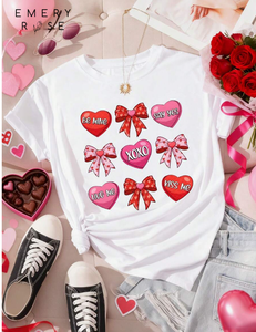 T-shirt girocollo da donna Resyla, vestibilità ampia, stile Y2K, stampa cuore e fiocco, manica corta, 100% cotone jersey, primavera estate - Product Image 3