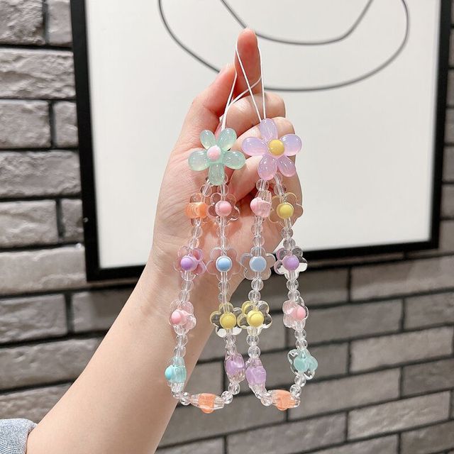 Cute Candy Floral Clear Beaded Phone Lanyard, INS Pastel Flower Bead Wrist Strap Kawaii Y2K Transparent Flower Plastic Keychain