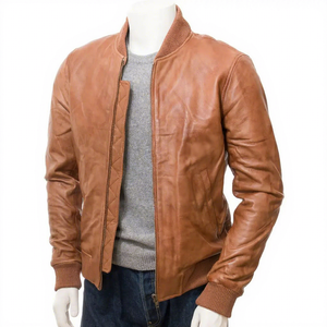 Blouson aviateur en cuir véritable pour homme, couleur tan, col en tricot côtelé classique, fermeture éclair, coupe ajustée, style vintage. - Product Image 1