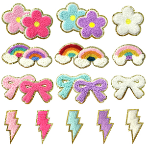 Badge brodé thermocollant en chenille, motifs fleur, arc-en-ciel, nœud, éclair, avec bordure dorée pailletée, pour vêtements de filles, sacs à dos et projets DIY - Product Image 1