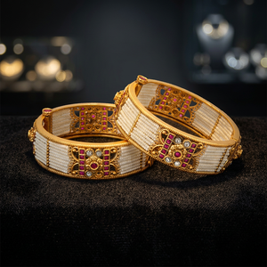 Matte Gold Plated Openable Antique Pearl <b>Bangles</b> 214241 2 Pc Set Nickel & Lead Free Women's Jewelry Exporter in India - Product Image 2