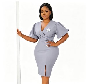 Novo Vestido Midi Feminino de Verão com Decote em V, Liso, Modelo Africano Elegante com Fenda Aberta e Manga Bufante Curta, Ideal para o Escritório - Product Image 2