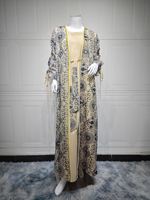 Ensemble deux pièces assorti Abaya ouverte à manches longues avec imprimé géométrique et bordure perlée pour femmes musulmanes, robe Kaftan de Dubaï en polyester respirant
