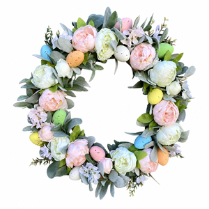 Ghirlanda Pasquale da 45cm con Fiori <span class=keywords><strong>di</strong></span> Peonia, Uova <span class=keywords><strong>di</strong></span> Pasqua Maculate, Foglie <span class=keywords><strong>di</strong></span> <span class=keywords><strong>Orecchio</strong></span> d'<span class=keywords><strong>Agnello</strong></span>, Decorazione da Appendere alla Porta d'Ingresso, Decorazione Primaverile per la Casa - Product Image 1