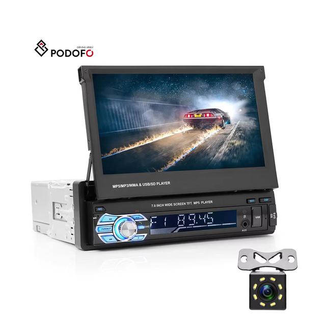 Podofo Car Audio Radio BT 1Din 7" HD Retractable Touch Screen MP5 SD FM USB 8 IR LED Rear View Camera