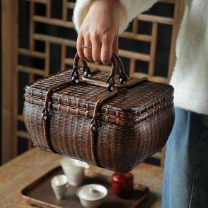 Xia Meng Bamboo Woven Tea Box Rectangle Handmade Portable Tea Set <b>Storage</b> <b>Basket</b> - Product Image 1