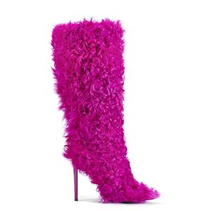 Tacco alto peloso peluche <span class=keywords><strong>stivali</strong></span> <span class=keywords><strong>fucsia</strong></span> pelliccia lunga soffice al ginocchio donna invernale caldo rosa caldo di alta qualità in pelliccia sintetica tinta unita - Product Image 2