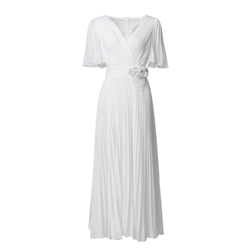 V Neck Pleated White Chiffon Dress - Elegant & Stylish