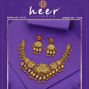 Conjunto de collar de oro tradicional con pendientes, joyería nupcial india antigua, diseño artesanal, estilo templo, para ocasiones festivas, elegante. - Product Image 2