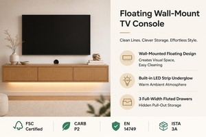 Console murale flottante personnalisée pour téléviseur, en chêne <span class=keywords><strong>clair</strong></span>, avec porte cannelée et éclairage LED sous l'armoire, fabricant OEM de meubles Japandi - Product Image 2