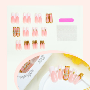 Faux ongles longs à presser dorés style français, <span class=keywords><strong>motif</strong></span> marbre croisé 3D avec diamants, collection <span class=keywords><strong>automne</strong></span>, avec accessoires de nail art - Product Image 2