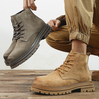 Bottes mi-hautes décontractées pour hommes, en cuir de rhubarbe rétro britannique, doublées de polaire, antidérapantes, pour l'hiver