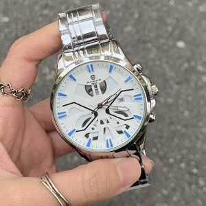 Reloj de Pulsera Casual de Negocios para Hombre de Alta Calidad, Correa de Acero en Tono Plateado, Cronógrafo con Fecha, Estilo Mecánico, Reloj de Cuarzo - Product Image 6