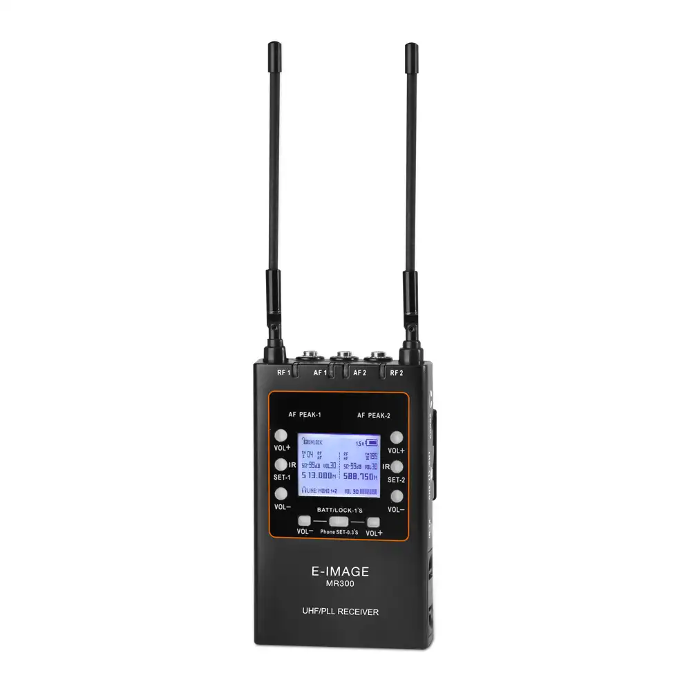 E-IMAGE MR-300 UHF Bodi Logam Dua Kanal, Penerima Nirkabel Portabel UHF/PLL untuk Mikrofon Nirkabel
