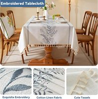 Taplak Meja Laolitou Spring Heavy Duty Katun Linen Anti Air Anti Kusut Gaya Farmhouse Rustic Biru Bordir Daun Pakis dengan Rumbai