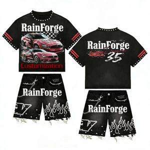 Custom Logo Heavyweight Cotton Vintage Racing Graphic Streetwear <b>Y2K</b> Distressed Raw Hem Mens T <b>Shirt</b> and Shorts Sets - Product Image 1