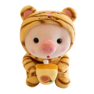 Kawaii Plush Boba Pig Stuffed Animal Toy Plushie Piggy with Bubble Tea Wearing Animal Clothes