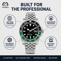 Montre GMT avec logo personnalisé, double fuseau horaire, lunette verte et noire, remontage automatique, bracelet en acier inoxydable à cinq maillons, montres-bracelets pour hommes à double fuseau horaire