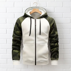 Men's Camouflage Sleeve <b>Zip</b>-<b>Up</b> Hoodie Regular Fit Casual Fleece Sweatshirt <b>White</b> Body Raglan Sleeve Winter Wear 100% Cotton - Product Image 4