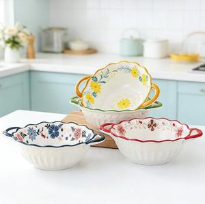 Wholesale Household <b>Simple</b> Style Ceramic <b>Microwave</b> Safe Soup Bowl Japanese Style Yellow Flower Painted Bowl - Product Image 3