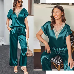 Ipek pijama seti bayan dantel V boyun uzun pantolon ipeksi Pjs ile Loungewear kısa kollu saten gömlek