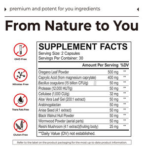 ODM OEM kapsul pembersih kustom Natural <span class=keywords><strong>Oral</strong></span> <span class=keywords><strong>Herbal</strong></span> Oregano & kapsul asam kaprilik mendukung sistem pencernaan dan usus - Product Image 4