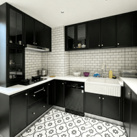 Vitrine moderne en marbre avec portes en panneaux de particules, cadre noir, étagères éclairées par LED, rangement pour verres à vin et accessoires