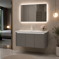 Meuble-lavabo mural moderne résistant à l'eau en bois massif avec vasque simple et fermeture douce, finition poudrée