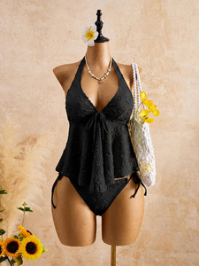 Ensemble Tankini 2 Pièces Femme Halter Jacquard Texturé avec Haut Volanté Fluide et Bas de Bikini à Nouer sur les Côtés, Maillot de Bain de Plage - Product Image 6