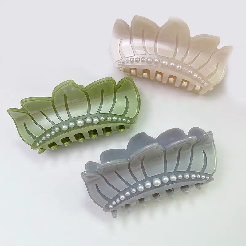 Nieuw Ontwerp 10Cm Acetaat Lotus Haar Klauw Clips Parel Ingelegde Lotus Vorm Dames Hairgrips Hoge Kwaliteit Azijnzuur Klauw Clip