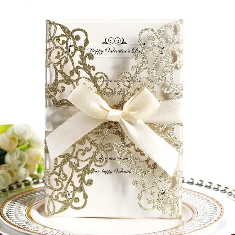 Custom Make Colors Glitter Wedding Card Laser Cutting Wedding Invitation Cover With Ribbon
