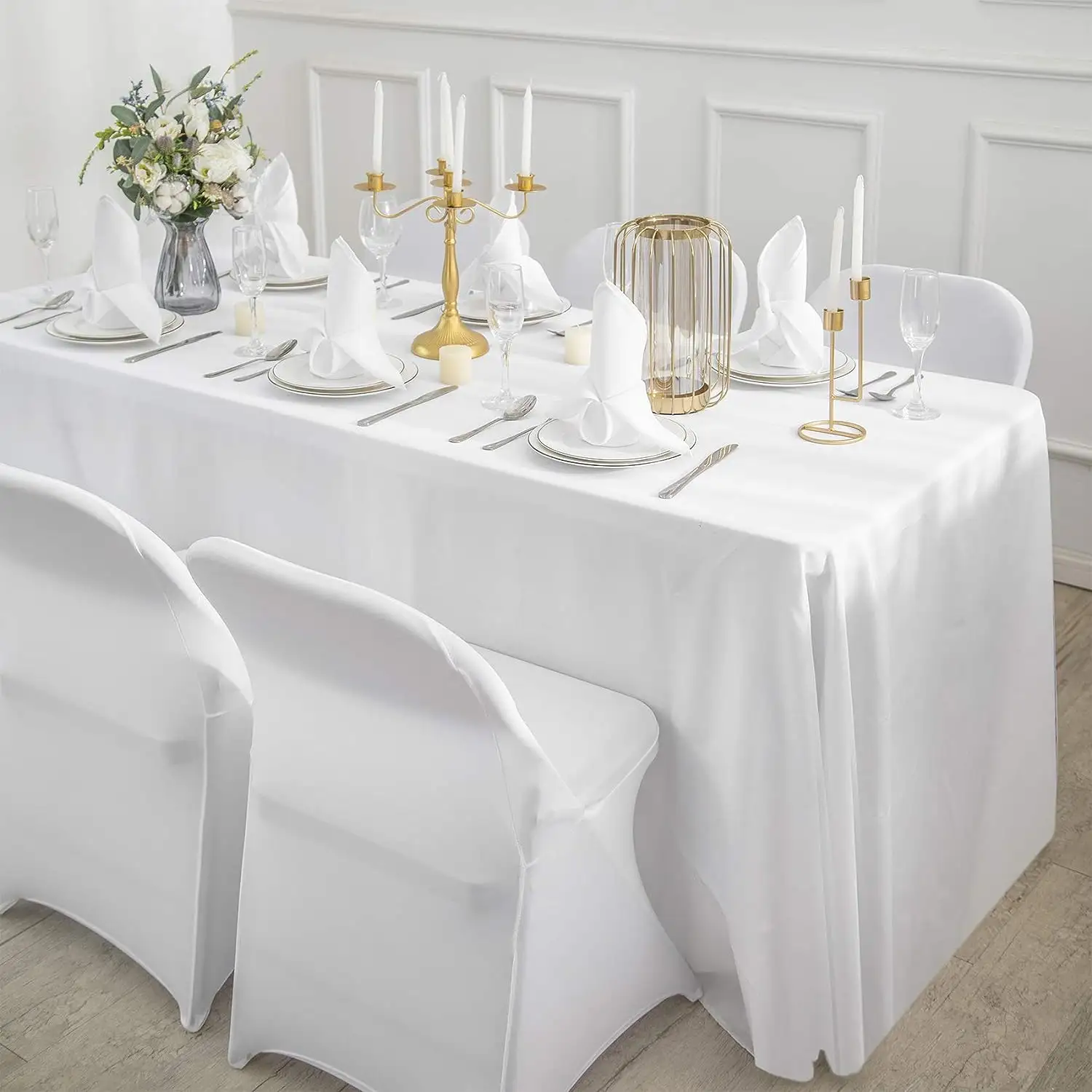 مفرش طاولة مستطيل 90 × بوصة قابل للغسل من البوليستر الأبيض للحفلات ولائم الزفاف قماش للمناسبات