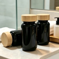 Bouteille en verre noir avec logo personnalisé, 60-400cc, avec couvercle en bambou naturel, conteneur écologique pour pilules, vitamines et compléments alimentaires