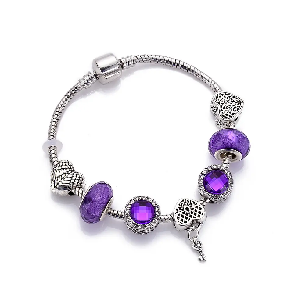 High Quality DIY Crystal Beaded Bracelets & Bangles Purple Crystal Key Heart Charmed Bracelets For Gift